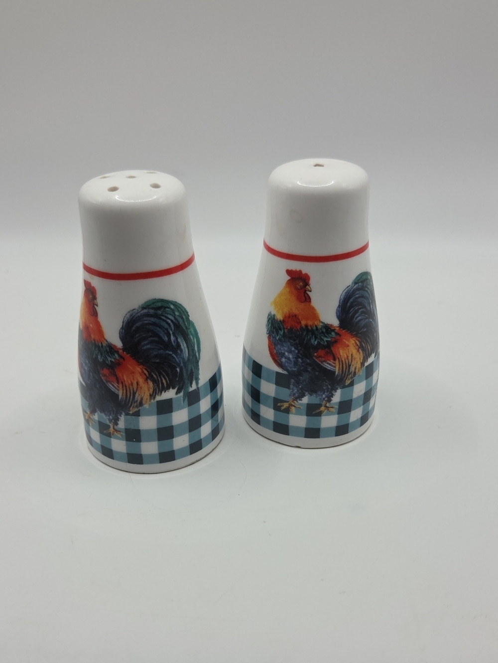 Rooster Ceramic Salt and Pepper Shakers in White and Blue